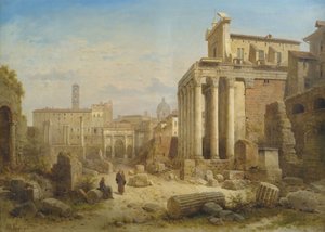 Blick auf das Forum Romanum mit dem Septimius-Severus-Bogen und dem Tempel der Faustina und des Antonius Pius.